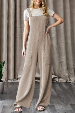 Parchment Ribbed Knit Patched Pocket Wide Leg Overalls