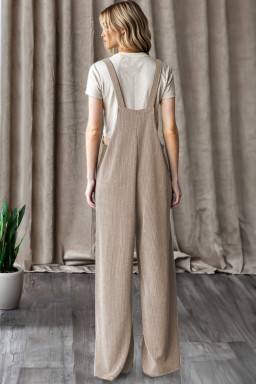 Parchment Ribbed Knit Patched Pocket Wide Leg Overalls