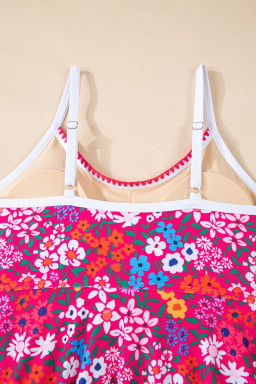 Rose Floral Print Ricrac Trim Spaghetti Strap One Piece Swim Dress