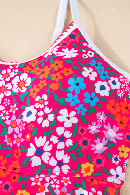 Rose Floral Print Ricrac Trim Spaghetti Strap One Piece Swim Dress