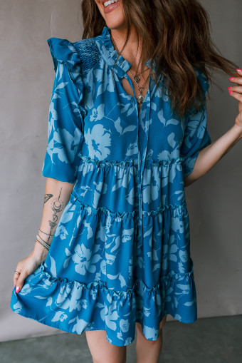 Blue Flower Half Sleeve Tiered Ruffled Mini Dress
