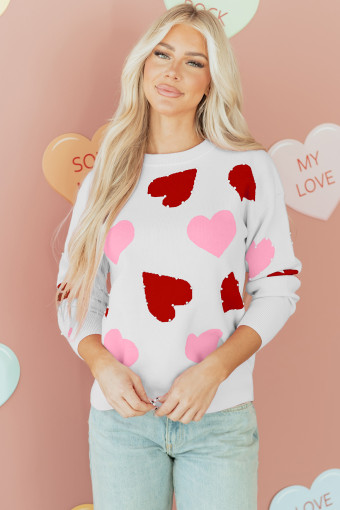 White Pearl Embellished Heart Pattern Valentines Day Sweater