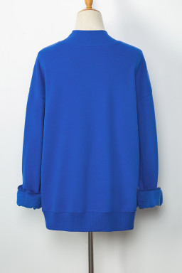 Dark Blue Solid Color Oversized Mock Neck Sweatshirt