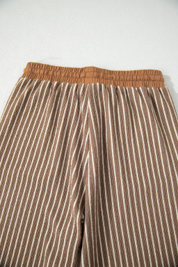 Khaki Stripe Crew Neck Tee Drawstring Waist Cropped Pants Set
