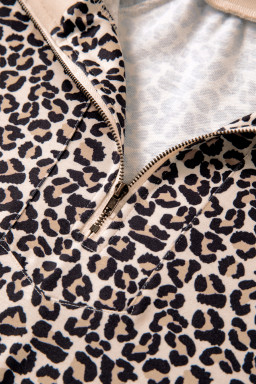 Brown Leopard Print Half Zip Striped Trim Patchwork Short Sleeve Top