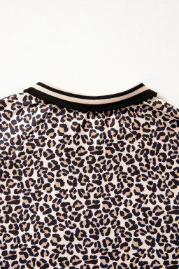 Brown Leopard Print Half Zip Striped Trim Patchwork Short Sleeve Top