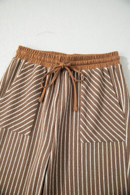 Khaki Stripe Crew Neck Tee Drawstring Waist Cropped Pants Set