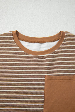 Khaki Stripe Crew Neck Tee Drawstring Waist Cropped Pants Set