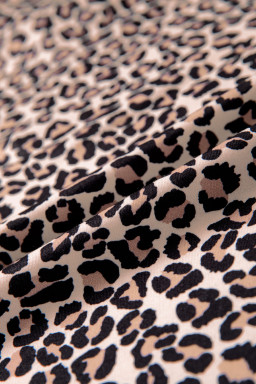 Brown Leopard Print Half Zip Striped Trim Patchwork Short Sleeve Top