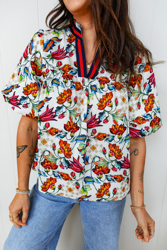 Multicolour Contrasted V Neckline Floral Puff Short Sleeve Blouse