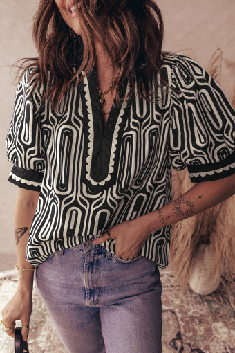 Black Geometric Print Contrast Scallop Color Block Patchwork Short Sleeve Blouse