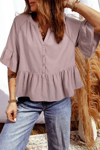 Sepia Rose Slit V Neck Ruffled Loose Blouse
