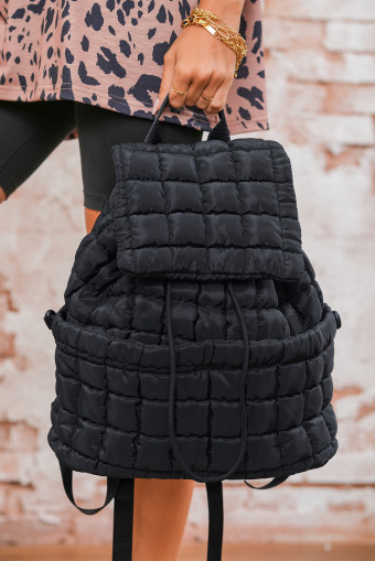 Black Solid Flapped Quilted Puffer Backpack