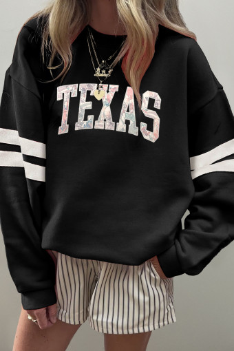 Black TEXAS Embroidered Trim Patched Graphic Oversized Varsity Sweatshirt