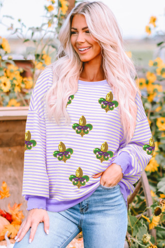Purple Stripe Fleur De Lis Sequined Patterned Mardi Gras Top