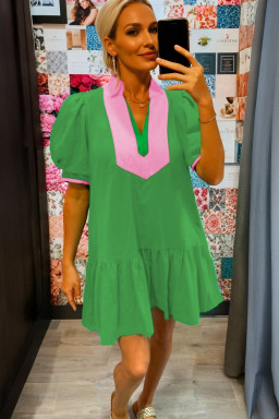Bright Green Color Block Detail Split Neck Short Puff Sleeve Ruffle Hem Mini Dress