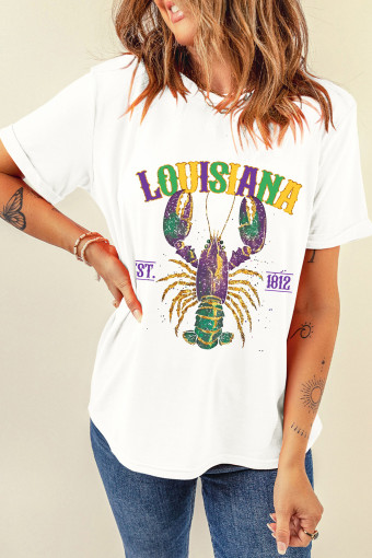 White LOUISIANA Mardi Gras Crayfish Printed Casual T Shirt