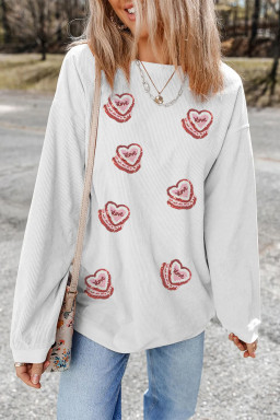 White Sequin Love Heart Pattern Corded Valentines Sweatshirt