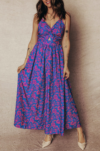Blue Floral Print Twisted V Neck Tied Backless Maxi Dress