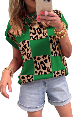 Green Leopard Checkerboard Short Sleeve Knit Sweater