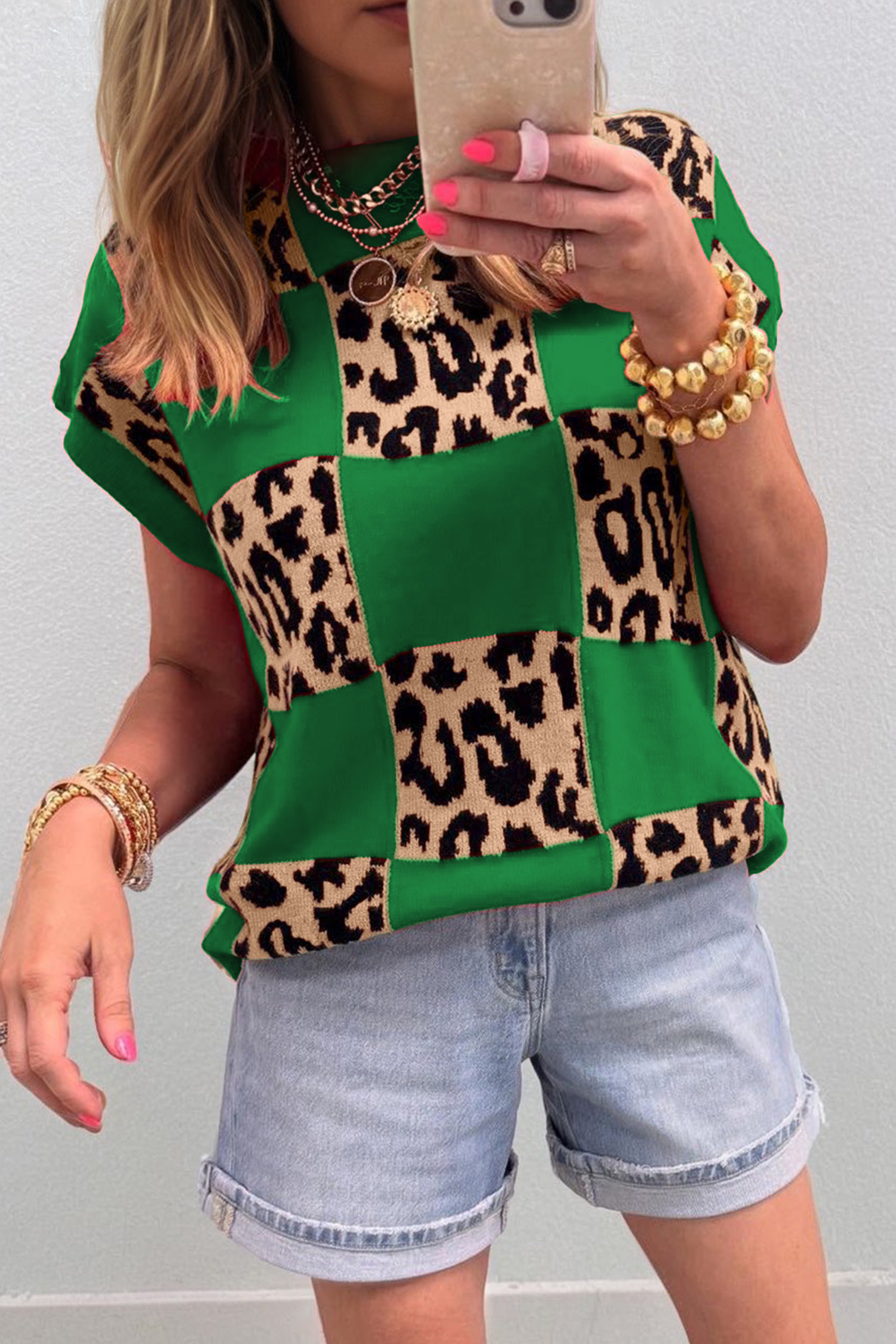 Green Leopard Checkerboard Short Sleeve Knit Sweater