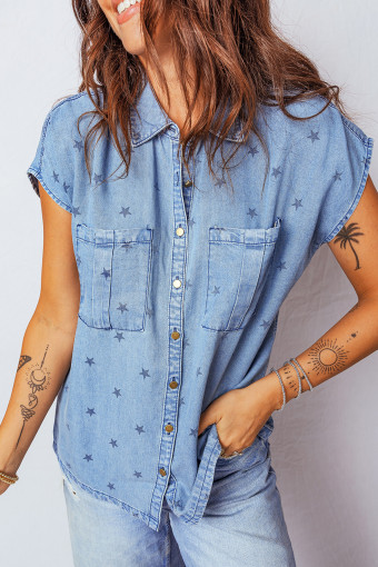 Beau Blue Star Allover Print Double Chest Pocket Short Sleeve Denim Shirt