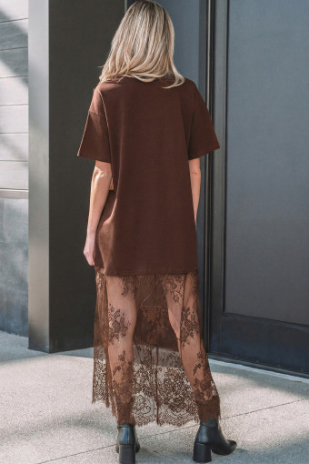 Red Sandalwood Floral Patchwork Short Sleeve T Shirt Loose Maxi Dress