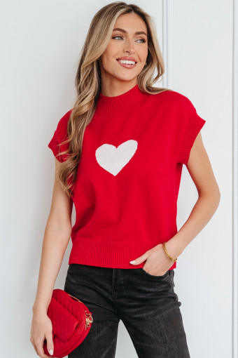 Fiery Red Valentine Heart Graphic Cropped Short Sleeve Sweater