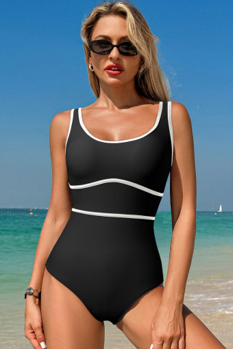 Black Contrast Trim Lace-up Back One Piece Swimsuit