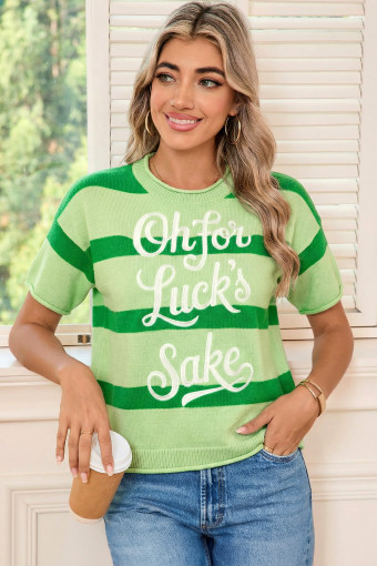 Green Stripe Oh for Lucks Sake St Patricks Day Short Sleeve Sweater