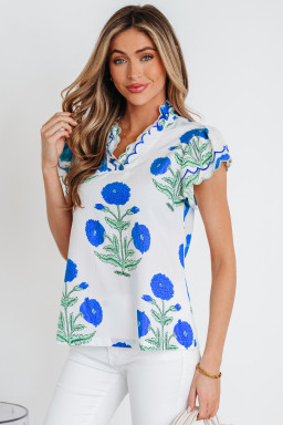 Blue Wild Flower Print Contrast Trim Scallop Detail Short Sleeve Blouse