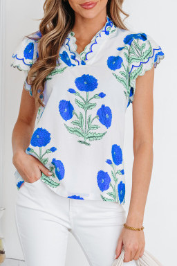 Blue Wild Flower Print Contrast Trim Scallop Detail Short Sleeve Blouse
