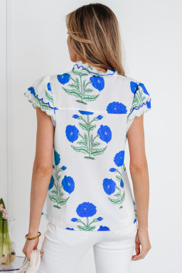 Blue Wild Flower Print Contrast Trim Scallop Detail Short Sleeve Blouse