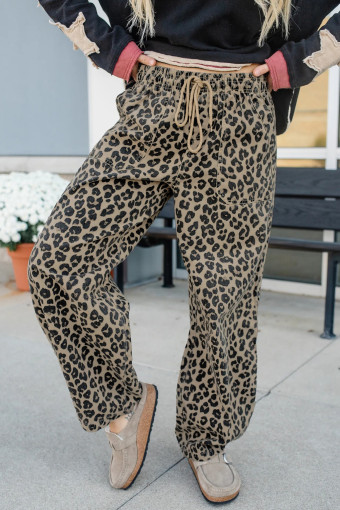 Khaki Leopard Print Drawstring Elastic Waist Loose Denim Pants with Pockets