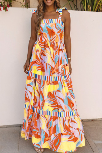 Yellow Abstract Print Striped Detail Knot Strap Maxi Dress