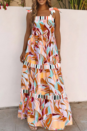 Orange Abstract Print Striped Detail Knot Strap Maxi Dress
