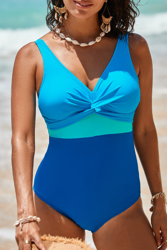 Blue V Neck Twisted Cutout Color Block One Piece Swimsuit