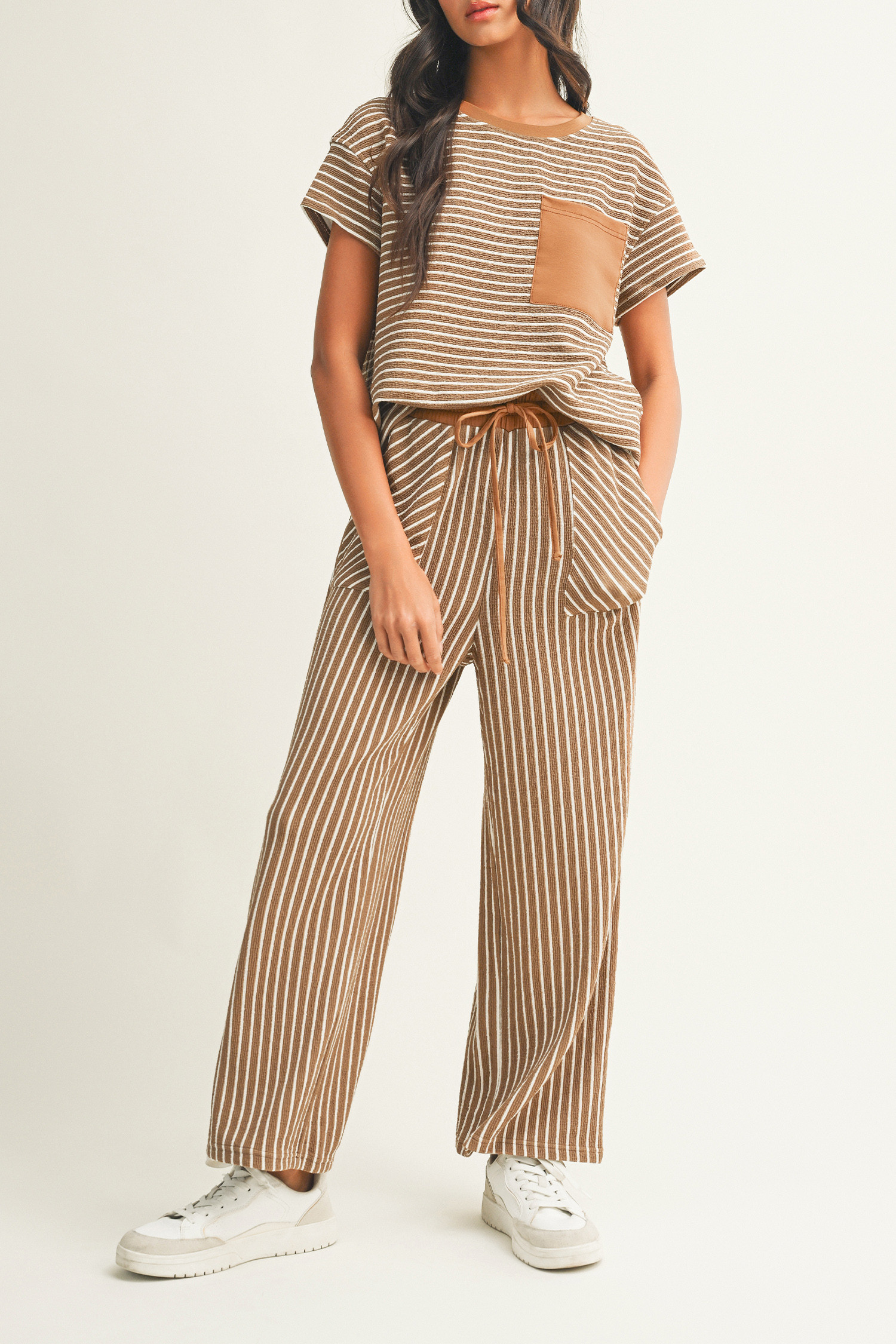 Khaki Stripe Crew Neck Tee Drawstring Waist Cropped Pants Set