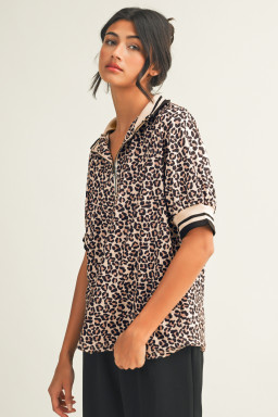 Brown Leopard Print Half Zip Striped Trim Patchwork Short Sleeve Top