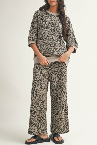 Khaki Jacquard Leopard Half Sleeve Jumper Wide Leg Pant Set