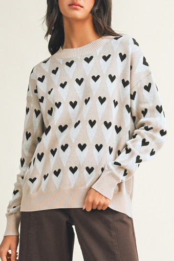 Parchment Geometric Heart Print Ribbed Trim Loose Sweater