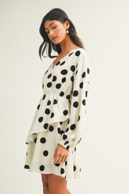 Beige Polka Dot Printed Surplice V Neck Puff Sleeve Mini Dress