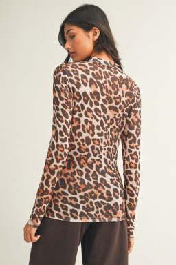 Brown Leopard Mock Neck Long Sleeve Mesh Top