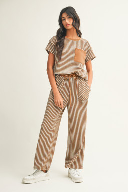 Khaki Stripe Crew Neck Tee Drawstring Waist Cropped Pants Set