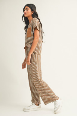 Khaki Stripe Crew Neck Tee Drawstring Waist Cropped Pants Set