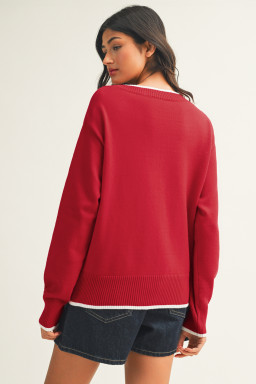 Fiery Red Contrast Trim Big Bow Accent Holiday Cropped Sweater