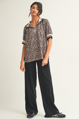 Brown Leopard Print Half Zip Striped Trim Patchwork Short Sleeve Top