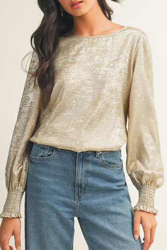 Apricot Metallic Round Neck Smocked Long Sleeve Blouse
