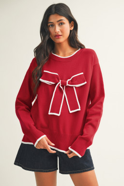 Fiery Red Contrast Trim Big Bow Accent Holiday Cropped Sweater