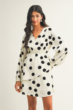 Beige Polka Dot Printed Surplice V Neck Puff Sleeve Mini Dress